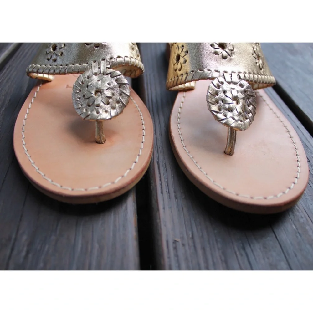 Jack Rogers Leather Flat Sandal Preowned 8.5 Platinum Gold